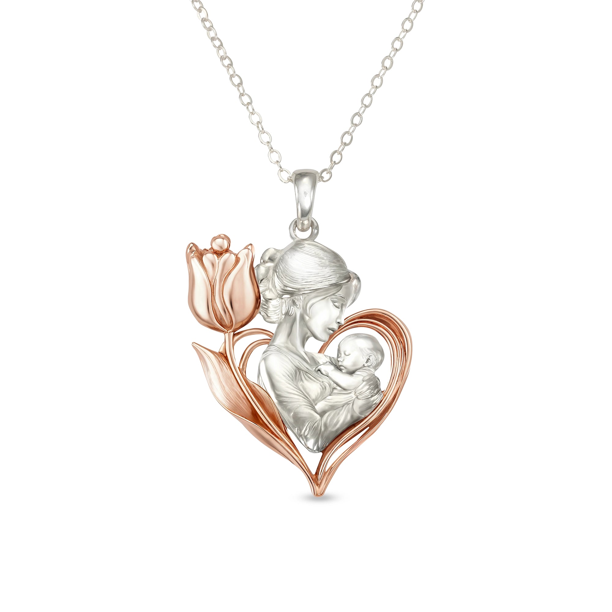Petiteshine Mom With Flower Tulip Embrace Rosegold Vermeil and Silver Necklace